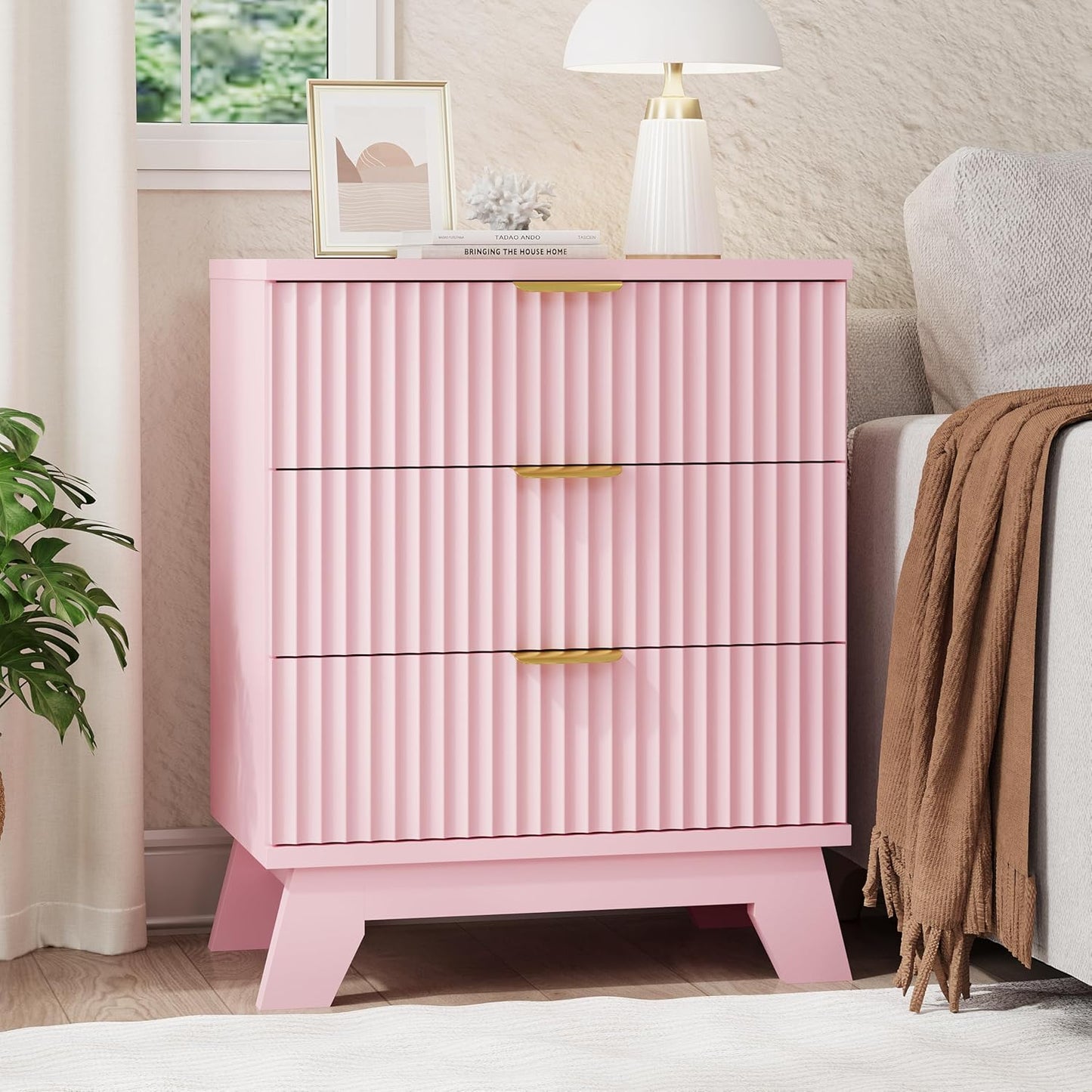 Fluted Nightstand, 24" Wide Side Table with 3 Large Storage Drawers, Mid Century Modern Wood Night Stand with Metal Handle, Wooden Bedside End Table for Bedroom, Pink