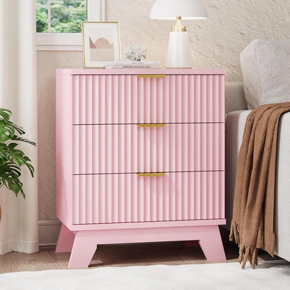 Fluted Nightstand, 24" Wide Side Table with 3 Large Storage Drawers, Mid Century Modern Wood Night Stand with Metal Handle, Wooden Bedside End Table for Bedroom, Pink