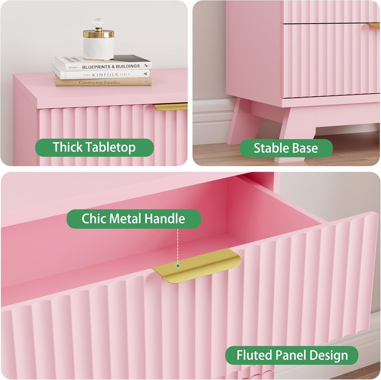 Fluted Nightstand, 24" Wide Side Table with 3 Large Storage Drawers, Mid Century Modern Wood Night Stand with Metal Handle, Wooden Bedside End Table for Bedroom, Pink