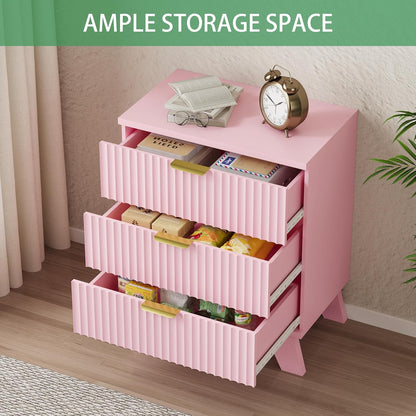 Fluted Nightstand, 24" Wide Side Table with 3 Large Storage Drawers, Mid Century Modern Wood Night Stand with Metal Handle, Wooden Bedside End Table for Bedroom, Pink