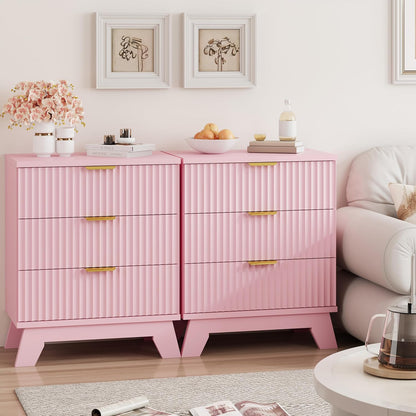 Fluted Nightstand, 24" Wide Side Table with 3 Large Storage Drawers, Mid Century Modern Wood Night Stand with Metal Handle, Wooden Bedside End Table for Bedroom, Pink