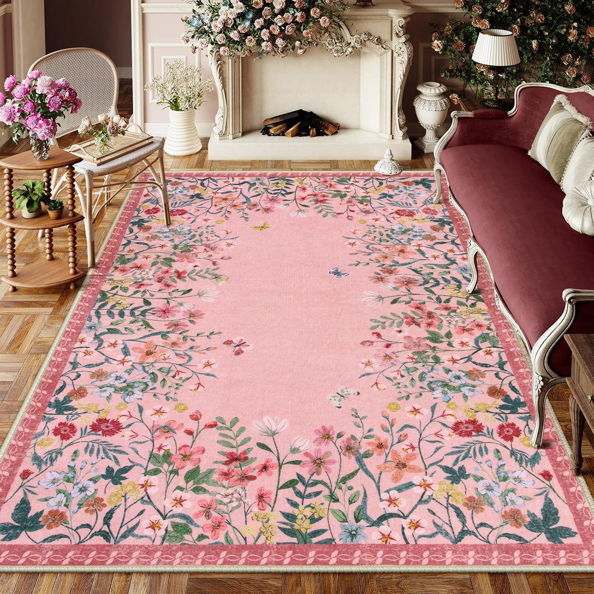 6x9 Washable Area Rug, Pink Floral Rug for Girls Bedroom, Boho Botanical Nursery Rug, Non Slip Low Pile Living Room Carpet, Vintage Flower Dorm Decor (6x9 Pink)