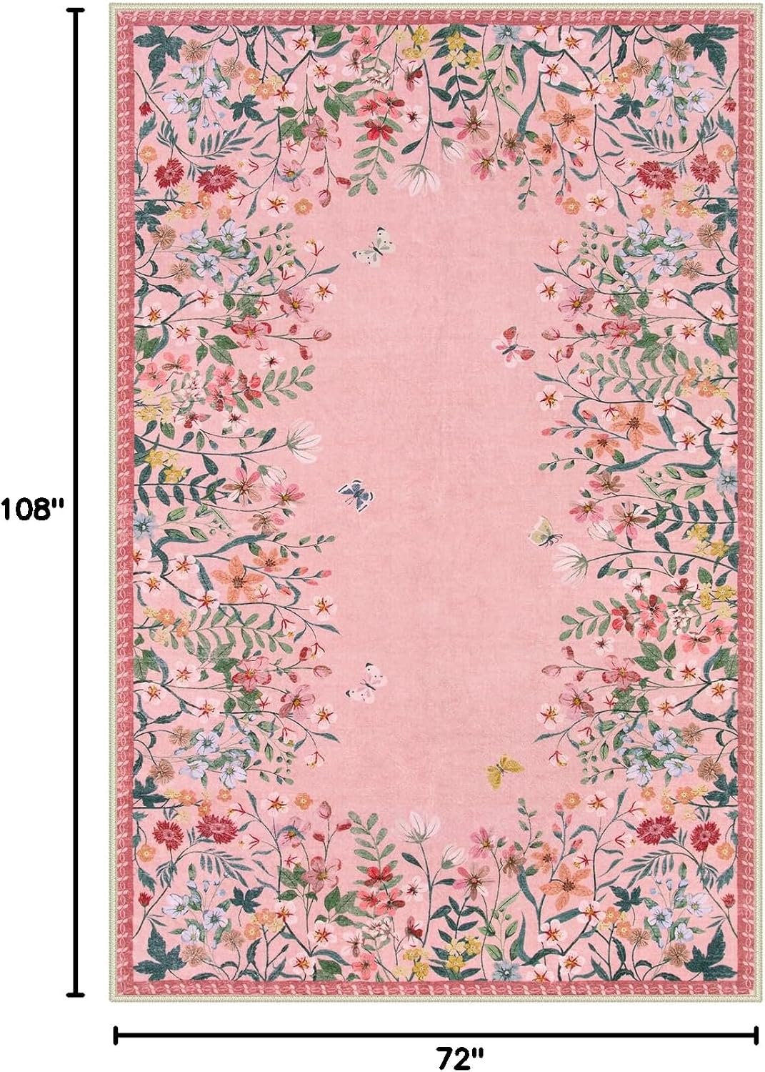 6x9 Washable Area Rug, Pink Floral Rug for Girls Bedroom, Boho Botanical Nursery Rug, Non Slip Low Pile Living Room Carpet, Vintage Flower Dorm Decor (6x9 Pink)