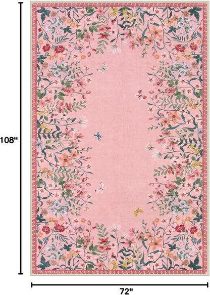 6x9 Washable Area Rug, Pink Floral Rug for Girls Bedroom, Boho Botanical Nursery Rug, Non Slip Low Pile Living Room Carpet, Vintage Flower Dorm Decor (6x9 Pink)