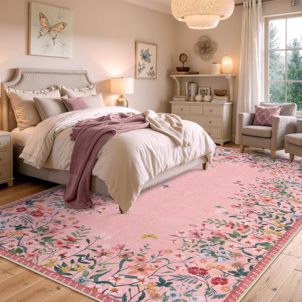 6x9 Washable Area Rug, Pink Floral Rug for Girls Bedroom, Boho Botanical Nursery Rug, Non Slip Low Pile Living Room Carpet, Vintage Flower Dorm Decor (6x9 Pink)