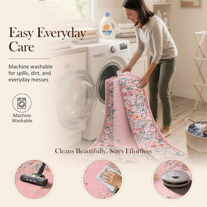 6x9 Washable Area Rug, Pink Floral Rug for Girls Bedroom, Boho Botanical Nursery Rug, Non Slip Low Pile Living Room Carpet, Vintage Flower Dorm Decor (6x9 Pink)