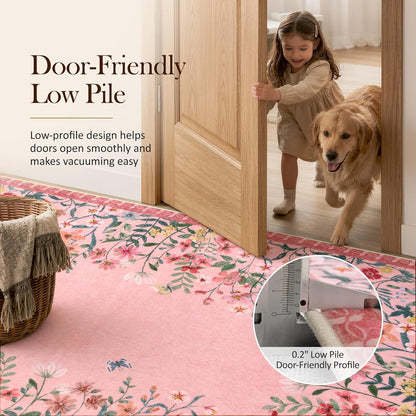 6x9 Washable Area Rug, Pink Floral Rug for Girls Bedroom, Boho Botanical Nursery Rug, Non Slip Low Pile Living Room Carpet, Vintage Flower Dorm Decor (6x9 Pink)