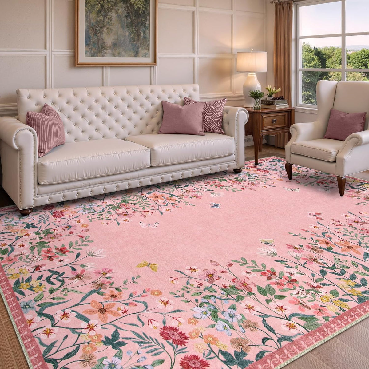 6x9 Washable Area Rug, Pink Floral Rug for Girls Bedroom, Boho Botanical Nursery Rug, Non Slip Low Pile Living Room Carpet, Vintage Flower Dorm Decor (6x9 Pink)