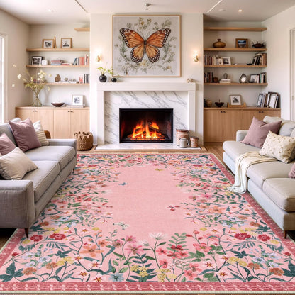 6x9 Washable Area Rug, Pink Floral Rug for Girls Bedroom, Boho Botanical Nursery Rug, Non Slip Low Pile Living Room Carpet, Vintage Flower Dorm Decor (6x9 Pink)