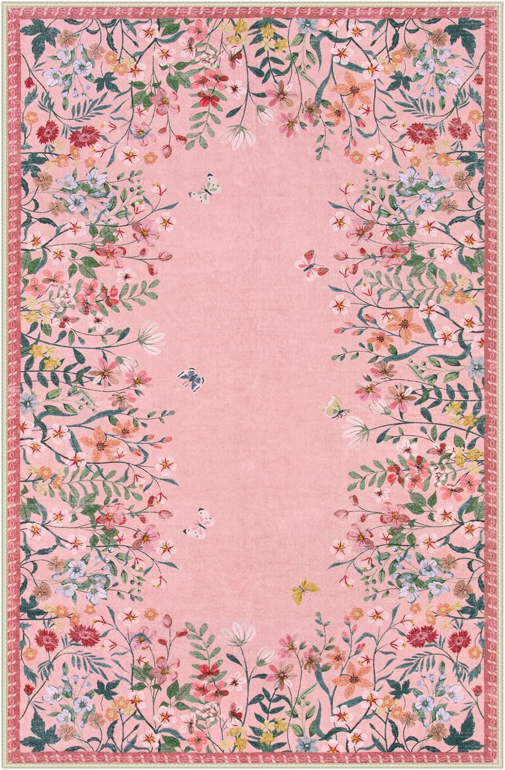 6x9 Washable Area Rug, Pink Floral Rug for Girls Bedroom, Boho Botanical Nursery Rug, Non Slip Low Pile Living Room Carpet, Vintage Flower Dorm Decor (6x9 Pink)