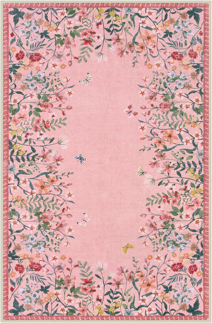 6x9 Washable Area Rug, Pink Floral Rug for Girls Bedroom, Boho Botanical Nursery Rug, Non Slip Low Pile Living Room Carpet, Vintage Flower Dorm Decor (6x9 Pink)