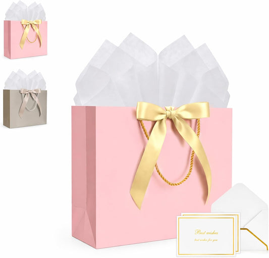1PCS Gift Bags Set with handles and Bow Ribbon, 2 Greeting Cards and 1 Matching Envelope with 4 Tissue Paper ,Pink Luxury Portable Paper Gift Bag for Baby Shower Birthday Party Favor Wedding Graduation Mother's Father's Day