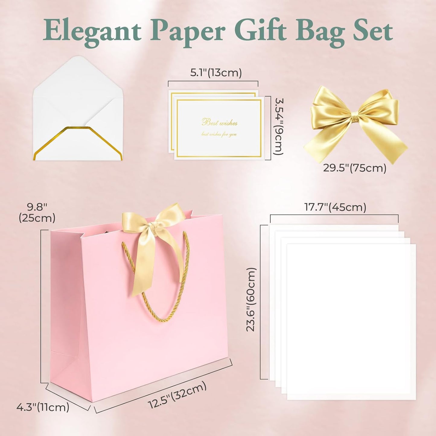 1PCS Gift Bags Set with handles and Bow Ribbon, 2 Greeting Cards and 1 Matching Envelope with 4 Tissue Paper ,Pink Luxury Portable Paper Gift Bag for Baby Shower Birthday Party Favor Wedding Graduation Mother's Father's Day