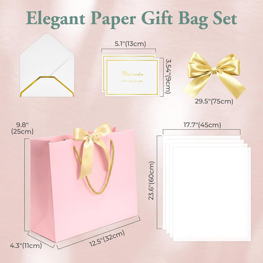 1PCS Gift Bags Set with handles and Bow Ribbon, 2 Greeting Cards and 1 Matching Envelope with 4 Tissue Paper ,Pink Luxury Portable Paper Gift Bag for Baby Shower Birthday Party Favor Wedding Graduation Mother's Father's Day