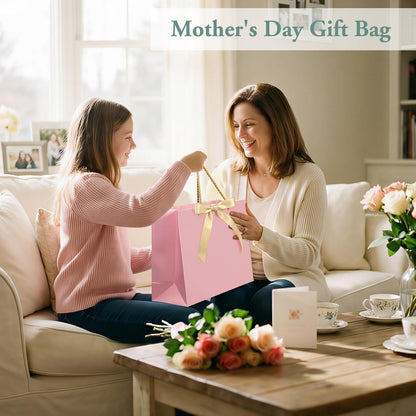 1PCS Gift Bags Set with handles and Bow Ribbon, 2 Greeting Cards and 1 Matching Envelope with 4 Tissue Paper ,Pink Luxury Portable Paper Gift Bag for Baby Shower Birthday Party Favor Wedding Graduation Mother's Father's Day