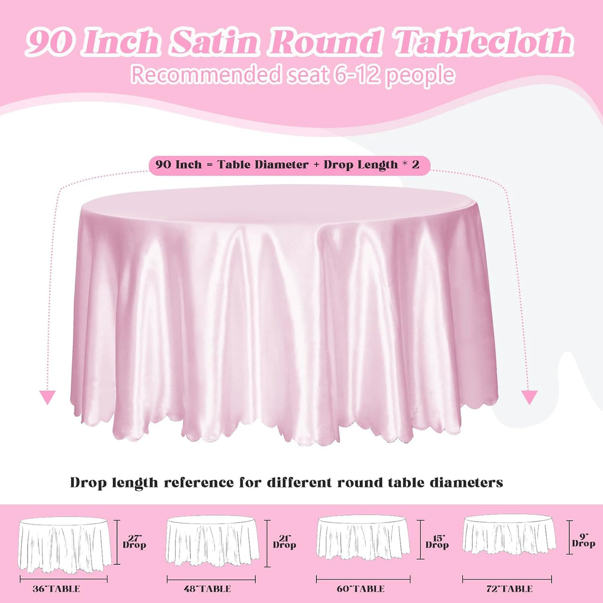 Pink 90 Inch Round Satin Tablecloth, Wrinkle-Free Party Cover