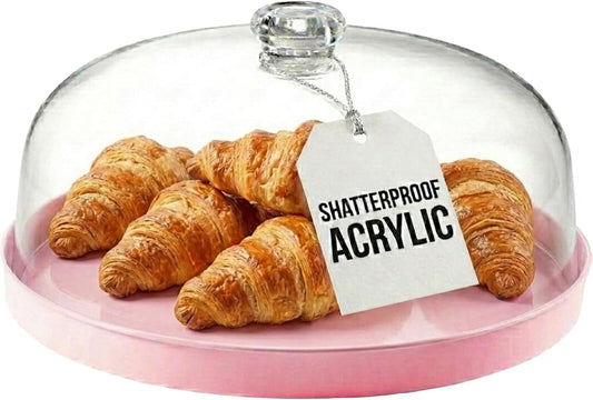 Pink Acrylic Cake Stand with Dome Cover, Metal Pie Tray, 11.5 in