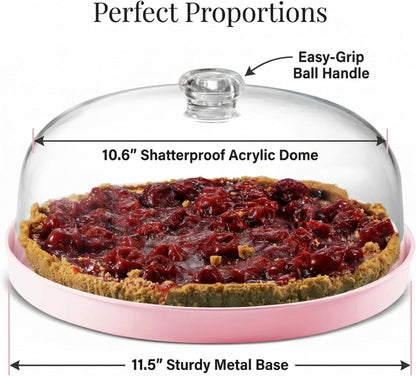Pink Acrylic Cake Stand with Dome Cover, Metal Pie Tray, 11.5 in