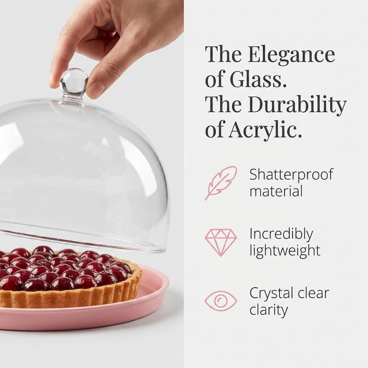 Pink Acrylic Cake Stand with Dome Cover, Metal Pie Tray, 11.5 in