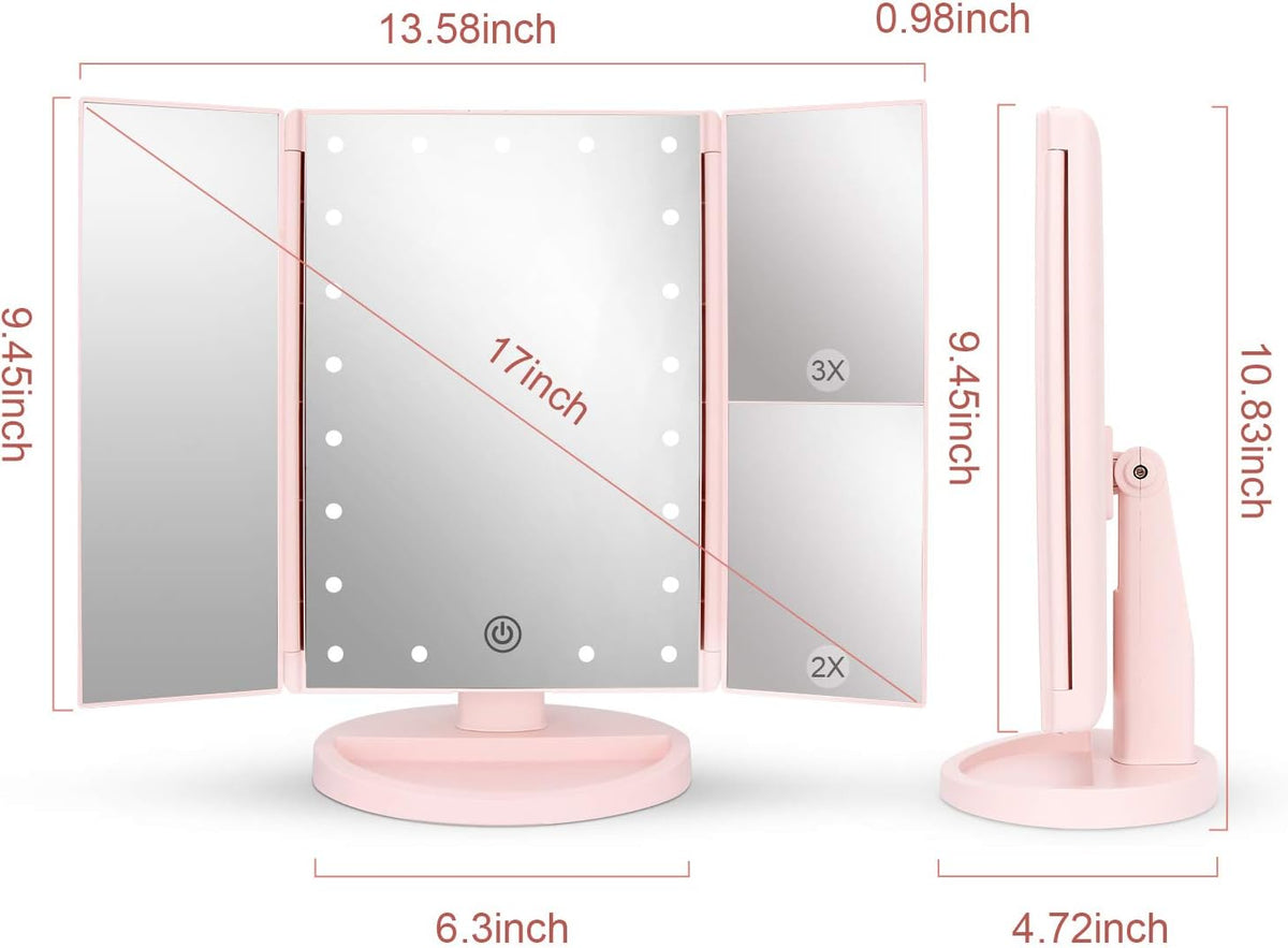 Tabletop Mount Tri-Fold Lighted Vanity Mirror with 21 LED Lights, Touch Screen and 3X/2X/1X Magnification, Two Power Supply Modes Make Up Mirror,Travel Mirror