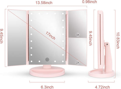 Tabletop Mount Tri-Fold Lighted Vanity Mirror with 21 LED Lights, Touch Screen and 3X/2X/1X Magnification, Two Power Supply Modes Make Up Mirror,Travel Mirror