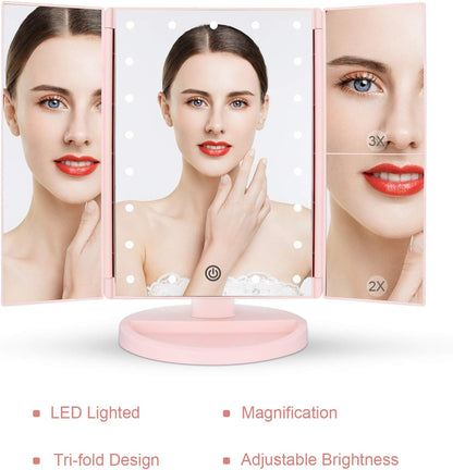 Tabletop Mount Tri-Fold Lighted Vanity Mirror with 21 LED Lights, Touch Screen and 3X/2X/1X Magnification, Two Power Supply Modes Make Up Mirror,Travel Mirror