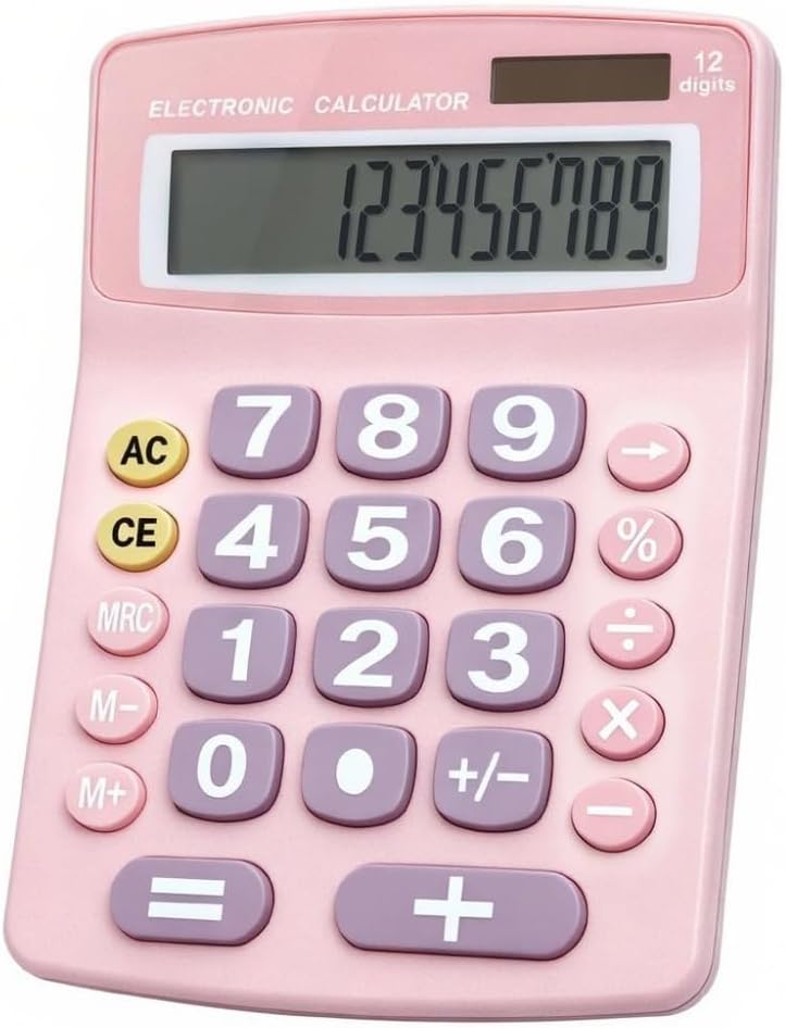 Jumbo 12-Digit Desktop Calculator (Pink), Solar/Battery Dual Power, Large Tilted LCD Display, Big Button Design, Quiet Operation, for Office, School, Business & Home Use