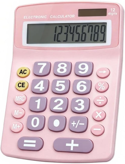 Jumbo 12-Digit Desktop Calculator (Pink), Solar/Battery Dual Power, Large Tilted LCD Display, Big Button Design, Quiet Operation, for Office, School, Business & Home Use