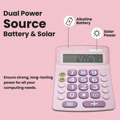 Jumbo 12-Digit Desktop Calculator (Pink), Solar/Battery Dual Power, Large Tilted LCD Display, Big Button Design, Quiet Operation, for Office, School, Business & Home Use