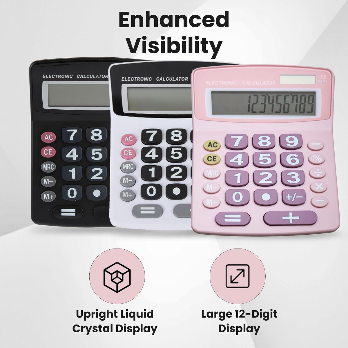 Jumbo 12-Digit Desktop Calculator (Pink), Solar/Battery Dual Power, Large Tilted LCD Display, Big Button Design, Quiet Operation, for Office, School, Business & Home Use