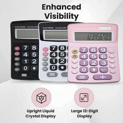 Jumbo 12-Digit Desktop Calculator (Pink), Solar/Battery Dual Power, Large Tilted LCD Display, Big Button Design, Quiet Operation, for Office, School, Business & Home Use