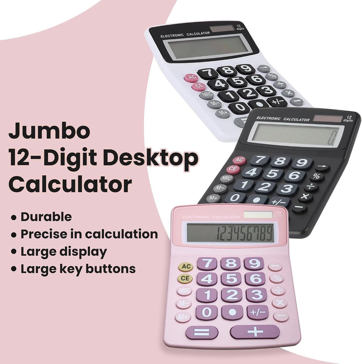 Jumbo 12-Digit Desktop Calculator (Pink), Solar/Battery Dual Power, Large Tilted LCD Display, Big Button Design, Quiet Operation, for Office, School, Business & Home Use