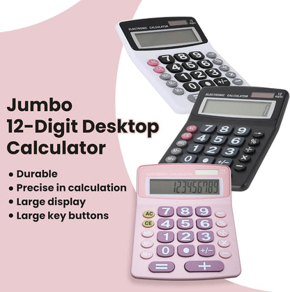 Jumbo 12-Digit Desktop Calculator (Pink), Solar/Battery Dual Power, Large Tilted LCD Display, Big Button Design, Quiet Operation, for Office, School, Business & Home Use