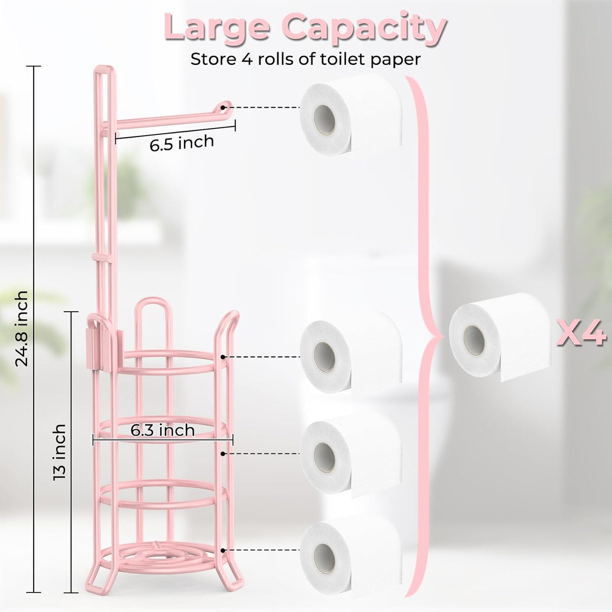 Toilet Paper Holder Stand Free Standing, Holds 4 Mega Rolls, Pink