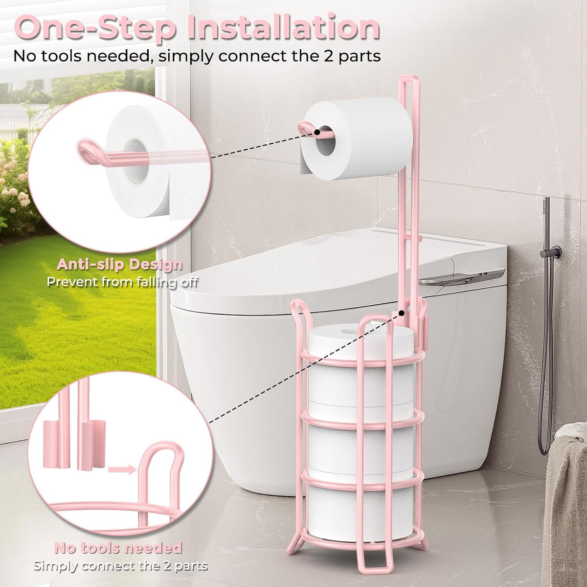 Toilet Paper Holder Stand Free Standing, Holds 4 Mega Rolls, Pink