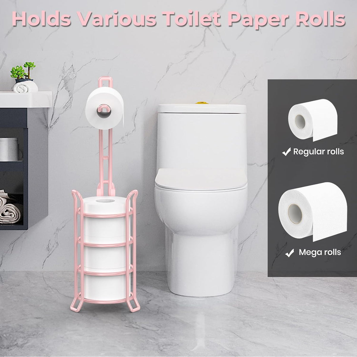 Toilet Paper Holder Stand Free Standing, Holds 4 Mega Rolls, Pink