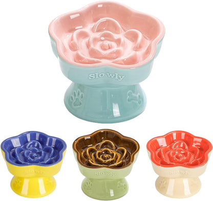 Raised Slow Feeder Cat Bowl, Ceramic Elevated and Titled Glass Food Bowl Small Dogs Slow Feeder, Flower Shaped Cute Cat Dish for Dry and Wet Food (Pink, 5.8")
