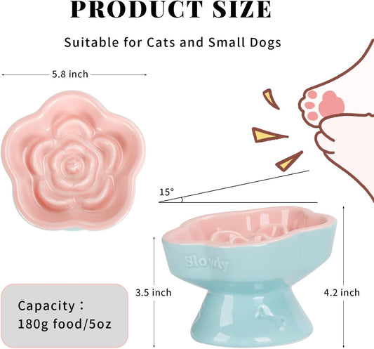 Raised Slow Feeder Cat Bowl, Ceramic Elevated and Titled Glass Food Bowl Small Dogs Slow Feeder, Flower Shaped Cute Cat Dish for Dry and Wet Food (Pink, 5.8")