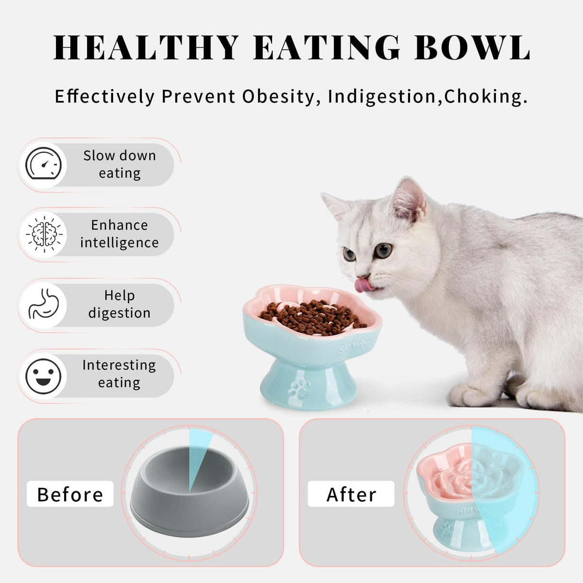 Raised Slow Feeder Cat Bowl, Ceramic Elevated and Titled Glass Food Bowl Small Dogs Slow Feeder, Flower Shaped Cute Cat Dish for Dry and Wet Food (Pink, 5.8")