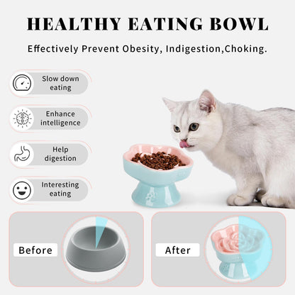 Raised Slow Feeder Cat Bowl, Ceramic Elevated and Titled Glass Food Bowl Small Dogs Slow Feeder, Flower Shaped Cute Cat Dish for Dry and Wet Food (Pink, 5.8")