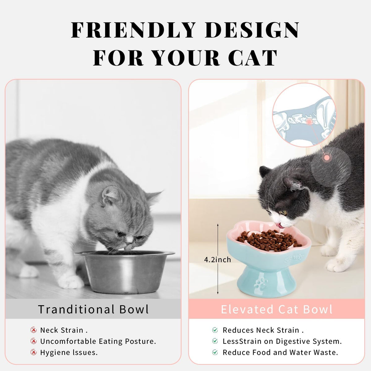 Raised Slow Feeder Cat Bowl, Ceramic Elevated and Titled Glass Food Bowl Small Dogs Slow Feeder, Flower Shaped Cute Cat Dish for Dry and Wet Food (Pink, 5.8")
