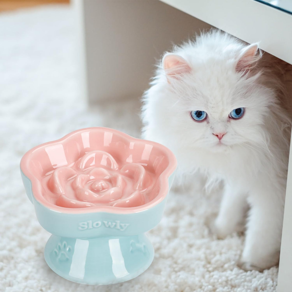 Raised Slow Feeder Cat Bowl, Ceramic Elevated and Titled Glass Food Bowl Small Dogs Slow Feeder, Flower Shaped Cute Cat Dish for Dry and Wet Food (Pink, 5.8")