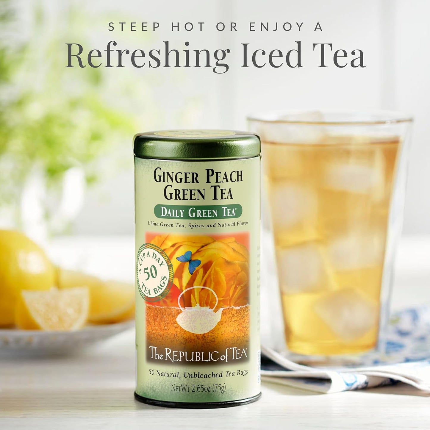 Ginger Peach Green Tea, 50 Tea Bags, Tin | Flavored Fruit Tea | Caffeinated