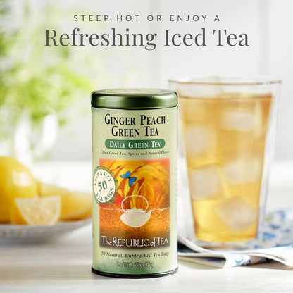 Ginger Peach Green Tea, 50 Tea Bags, Tin | Flavored Fruit Tea | Caffeinated