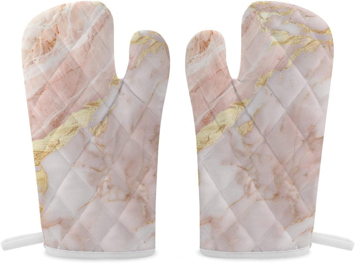 Light Blush Pink Marble Texture with Gold Veining Oven Mitts 2 Pcs, Heat Resistant Glove Trendy Non-Slip Baking Mitts Kitchen Accessories