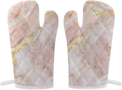 Light Blush Pink Marble Texture with Gold Veining Oven Mitts 2 Pcs, Heat Resistant Glove Trendy Non-Slip Baking Mitts Kitchen Accessories