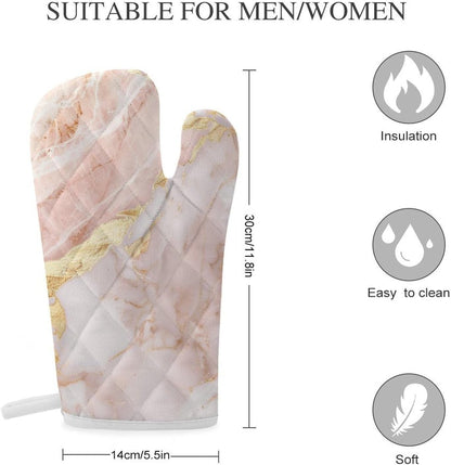Light Blush Pink Marble Texture with Gold Veining Oven Mitts 2 Pcs, Heat Resistant Glove Trendy Non-Slip Baking Mitts Kitchen Accessories