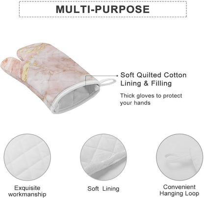 Light Blush Pink Marble Texture with Gold Veining Oven Mitts 2 Pcs, Heat Resistant Glove Trendy Non-Slip Baking Mitts Kitchen Accessories