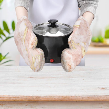 Light Blush Pink Marble Texture with Gold Veining Oven Mitts 2 Pcs, Heat Resistant Glove Trendy Non-Slip Baking Mitts Kitchen Accessories