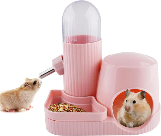 3 in 1 Multifunctional Hamster Water Bottle No Drip Gerbil 100ML Water Bottle Dispenser with Food Bowl Small Animal Auto Dispenser with Hideout Base Hamster Cage Accessories (Pink)